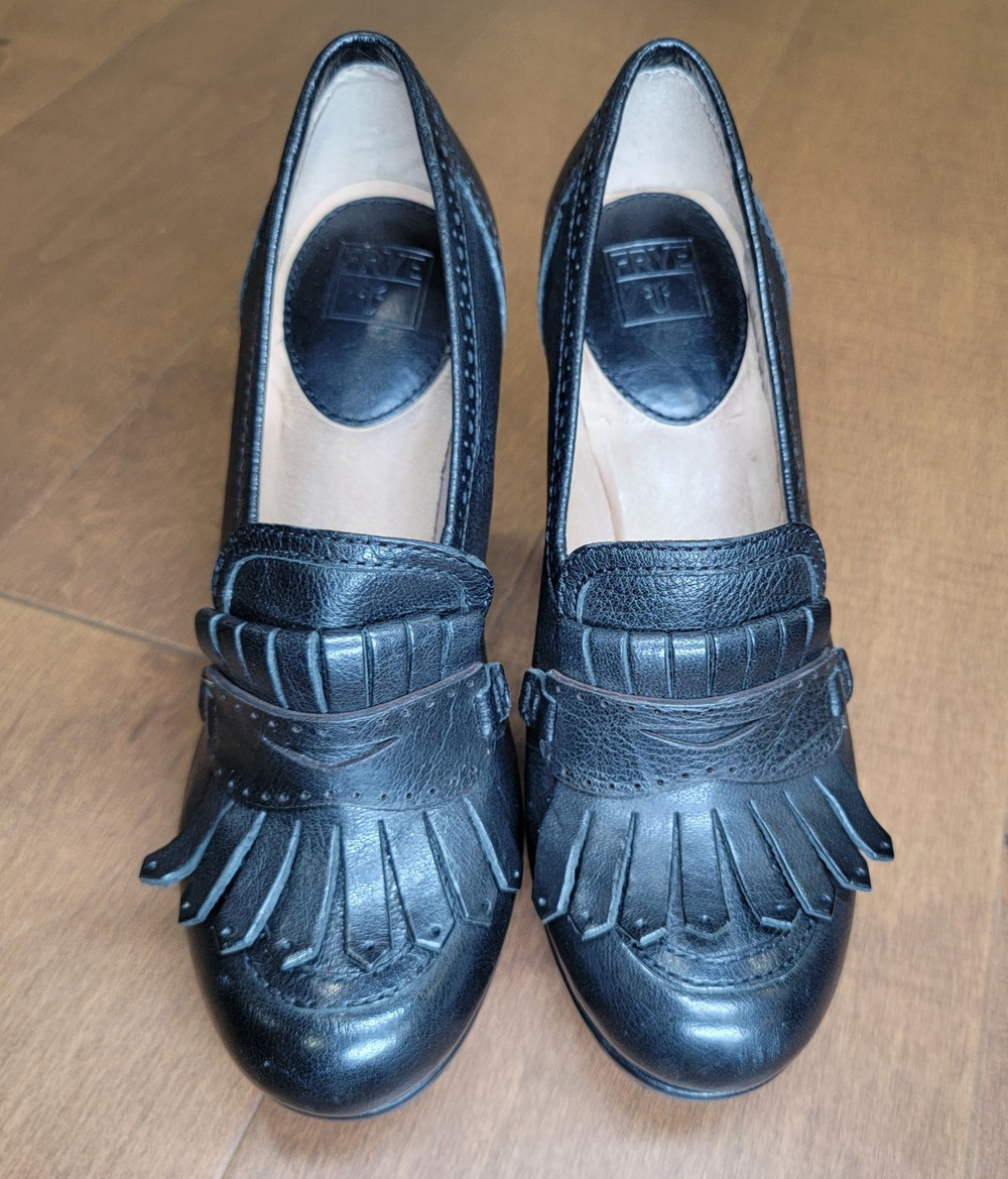 Frye Naiya Kiltie Moc Platform Heels Black Leather Fringe Tassel Women 7.5 M
